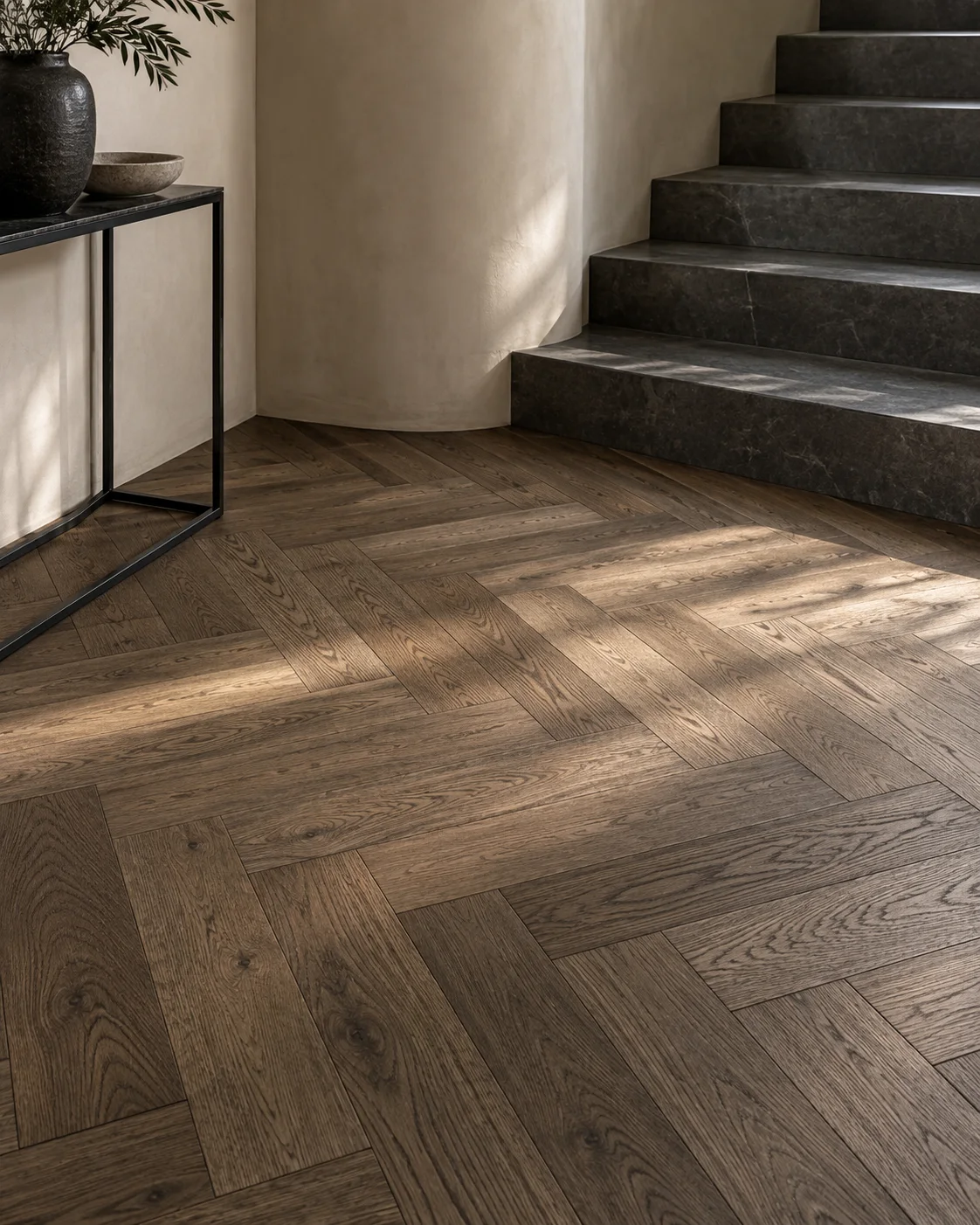 Smoked oak herringbone flooring beside a stone stair