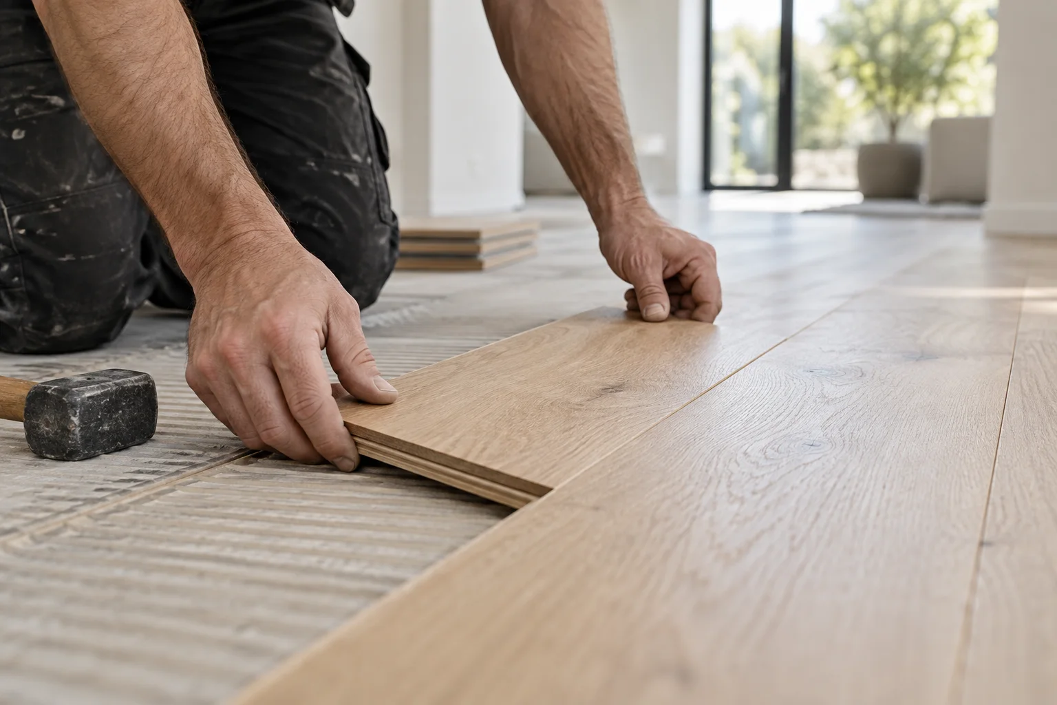 Craftsperson precisely installing a white oak floor